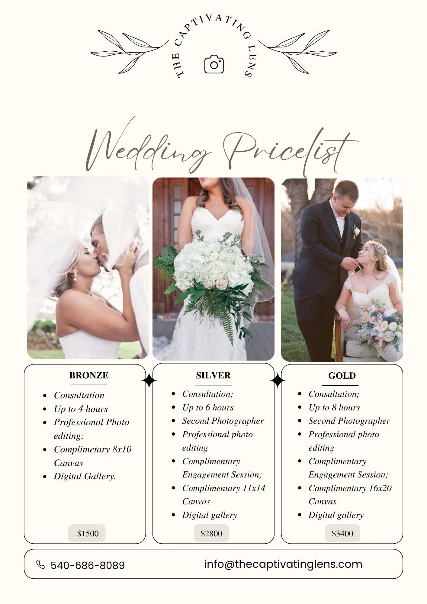 Elegant wedding photography pricelist with Bronze, Silver, and Gold packages.