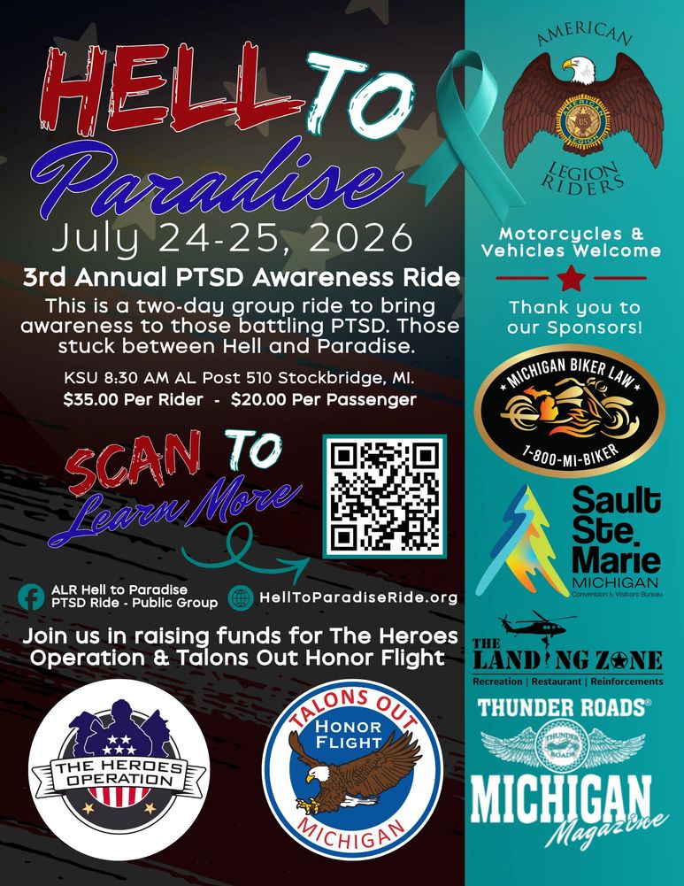 Flyer for Legion Riders Hell to Paradise July 24-25, 3rd annual PTSD Awareness ride.  