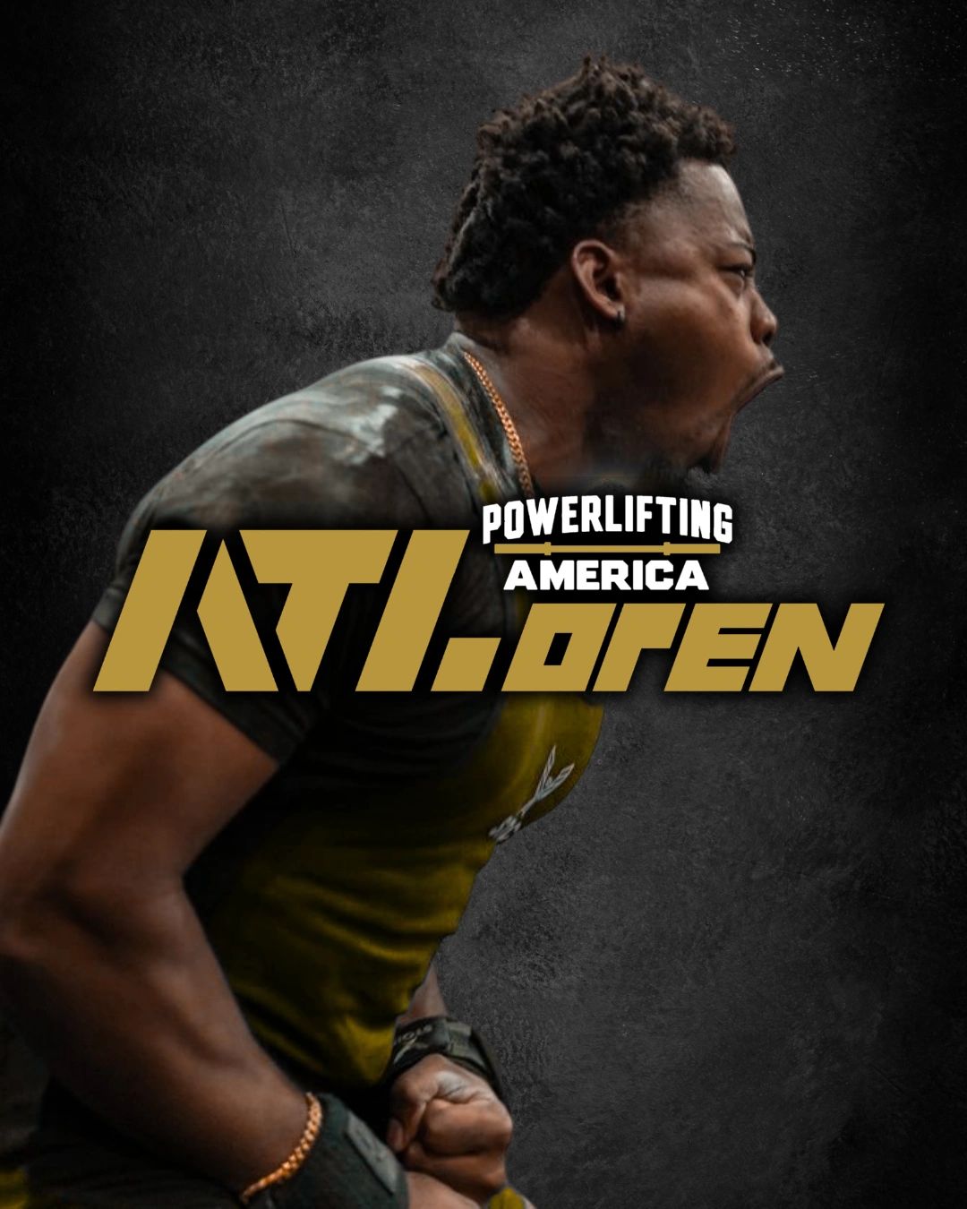 A powerlifter passionately shouting with clenched fists, showcasing intense focus and strength.