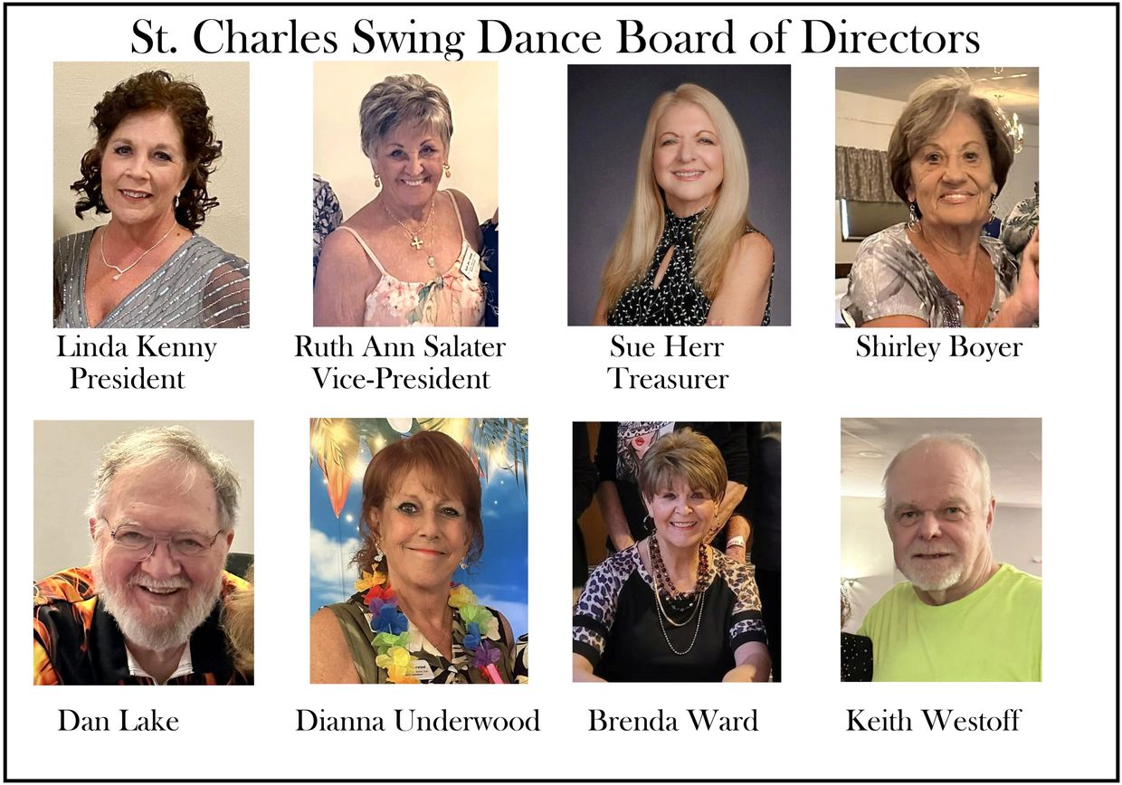 Portraits of St. Charles Swing Dance Board of Directors members with names and titles.