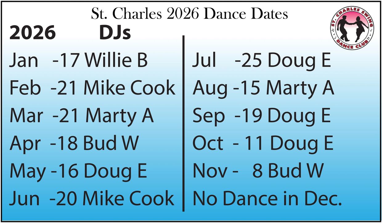 2026 St. Charles dance dates with DJs listed monthly from January to November.