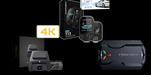 A collection of advanced car tech gadgets including a 4K dashcam and a remote start system.