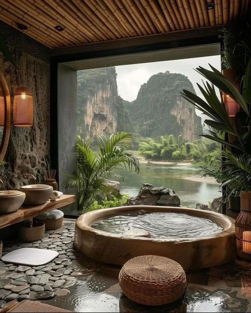 Cozy spa room with a scenic mountain and river view.