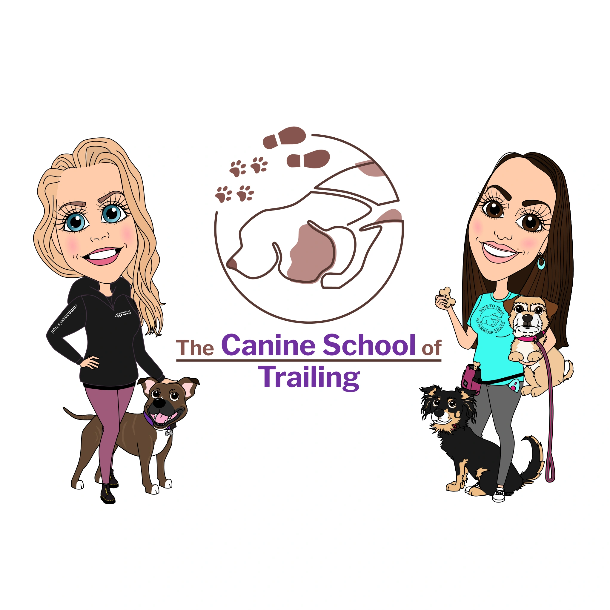 Cartoon showing Marilyn and Rachel the owners of The Canine School of Trailing