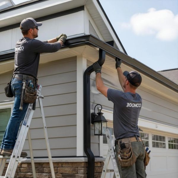 Two workers install a gutter on a house corner.