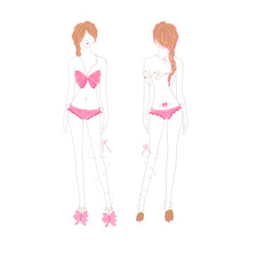 Fashion illustration of a woman in pink butterfly-inspired lingerie, front and back views.