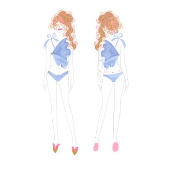 Fashion illustration of a woman in a blue ruffled top and bikini bottoms.