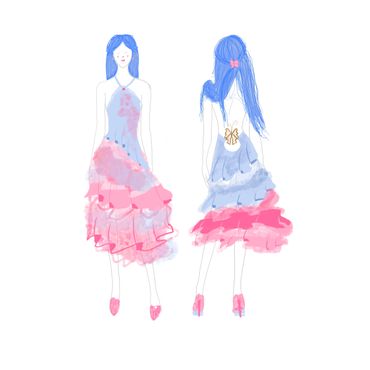 Fashion illustration of a woman in a ruffled pink and blue dress with long blue hair.