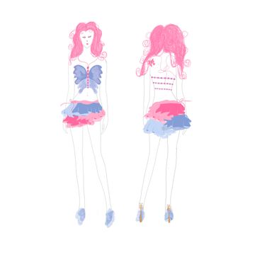 Fashion sketch of a pink-haired woman in a colorful blue and pink outfit.