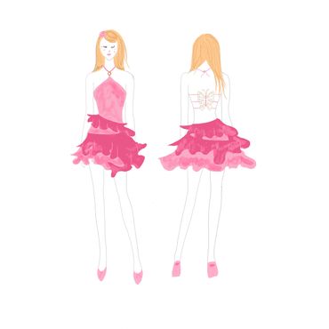 Front and back view of a pink ruffled party dress design on a model.