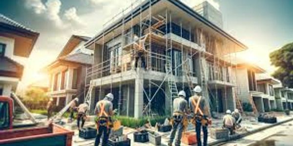 Construction workers building a modern house under scaffolding.