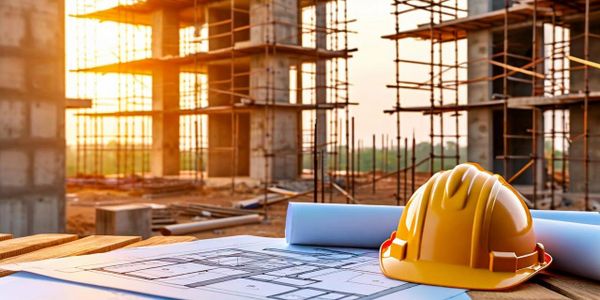 Yellow hard hat and blueprints on a table at a construction site during sunset.