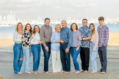 Multi-generational family photography session in Point Loma, San Diego - beach with boats & water.