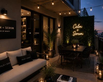 Cozy balcony with warm string lights and elegant seating at dusk.