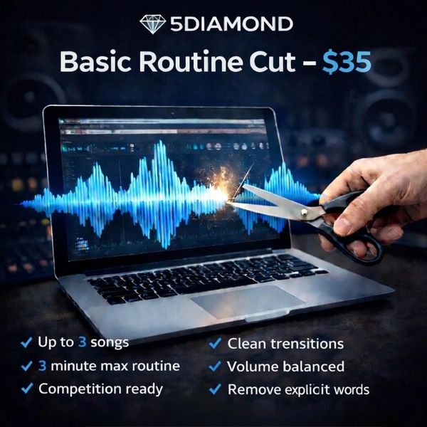 Laptop displaying an audio waveform being cut with scissors, representing 5Diamond’s Basic Routine C