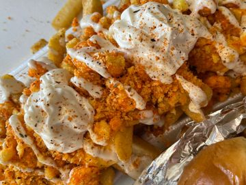 Loaded French fries, sour cream , nacho cheese, onions, seasoning,