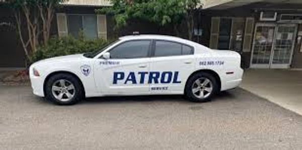 White patrol service car parked outside a building.
