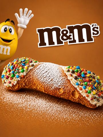 M&amp;M's-themed cannoli with colorful candy toppings and a yellow M&amp;M character.