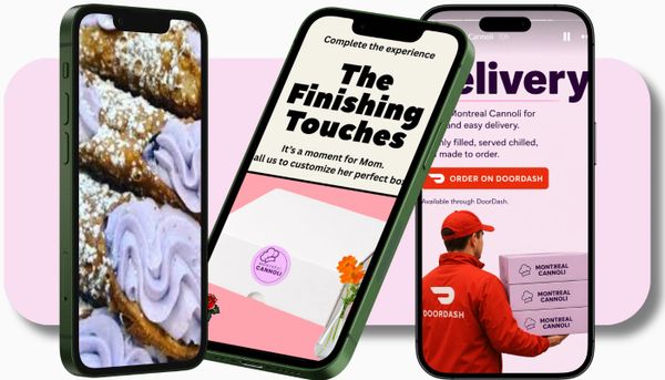 Three smartphones showcasing a dessert app with cannoli images and DoorDash delivery.