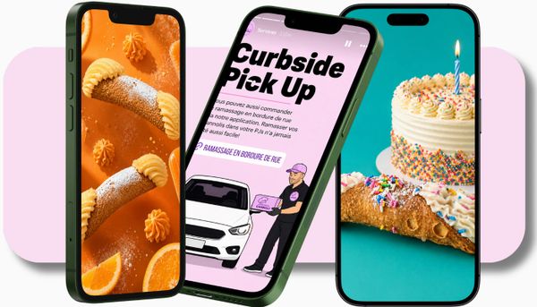 Three smartphones displaying food and curbside pickup app screens.