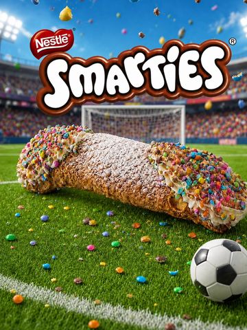 Nestle Smarties-themed cannoli with colorful candy, football in stadium.