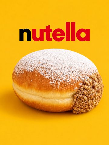 A powdered doughnut with Nutella and crunchy topping against a yellow background.