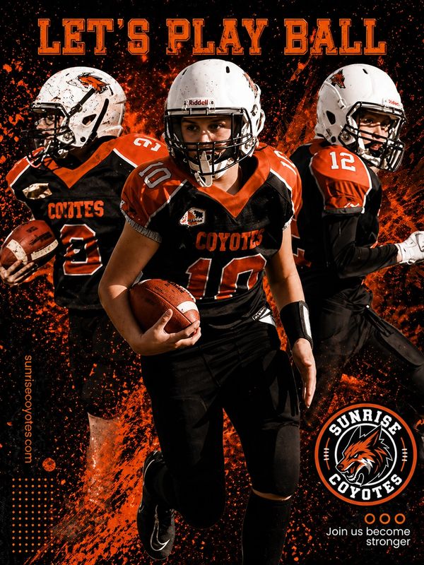Three female football players in Sunrise Coyotes uniforms ready to play.