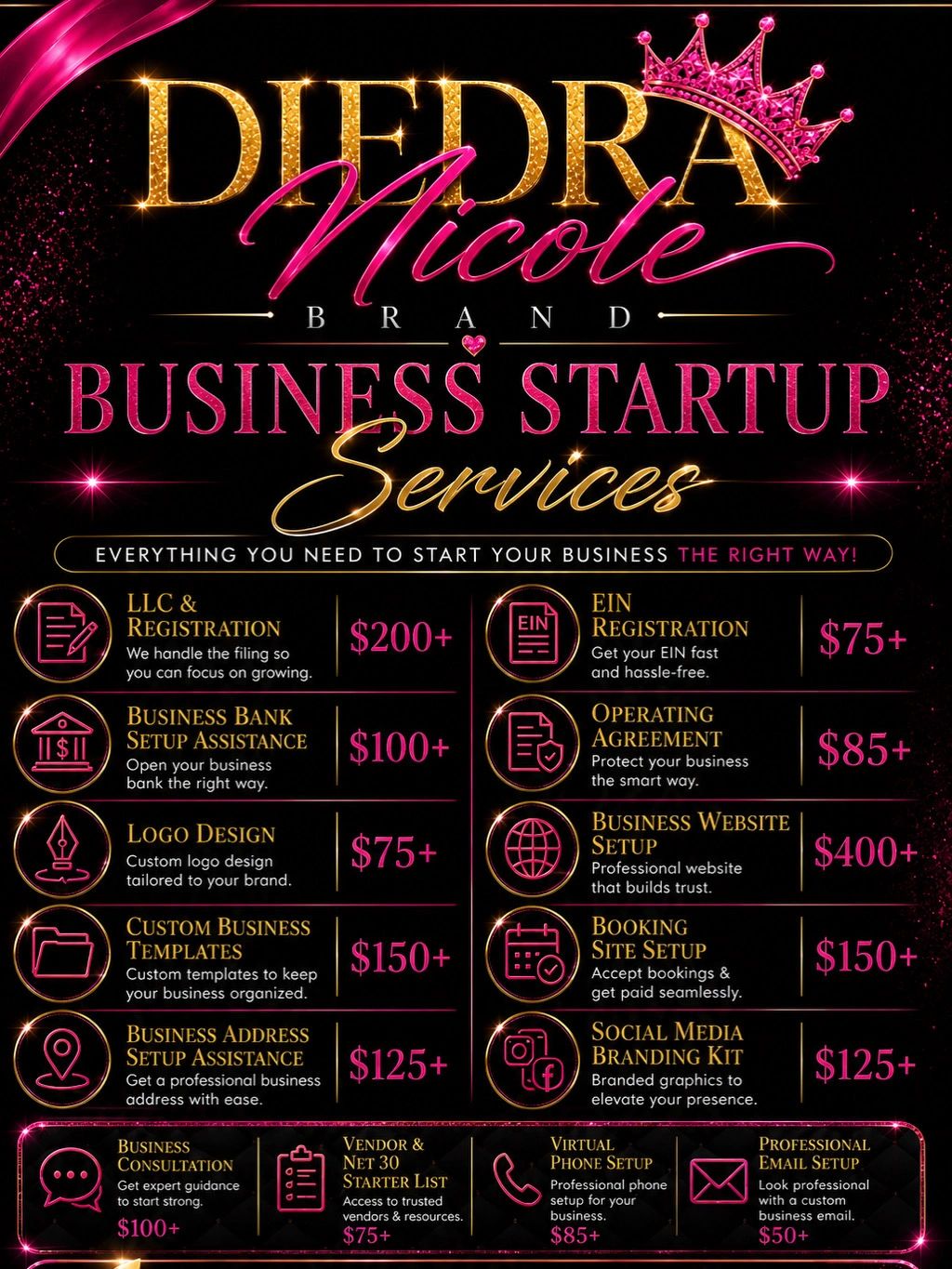 Diedra Nicole Brand offers a variety of business startup services with pricing details.