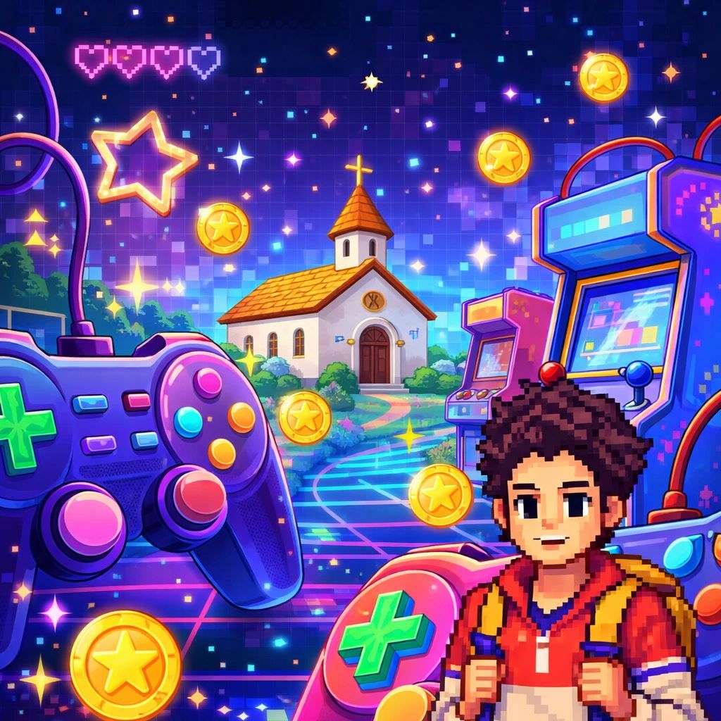 Pixel art gamer with retro controllers, arcade machines, and a church in a vibrant digital world.