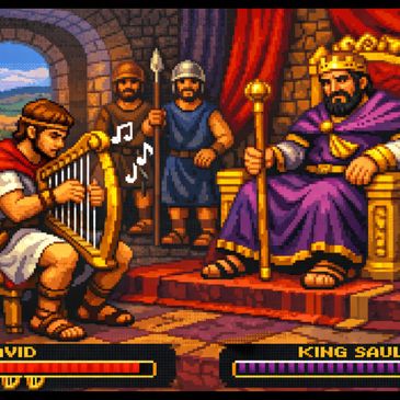 Pixel art scene of a musician playing harp for King Saul and guards.