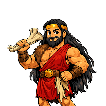 Muscular caveman with long hair, red tunic, and a large bone weapon.