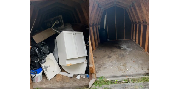 Side-by-side photos of a cluttered shed and the same shed cleaned out.
