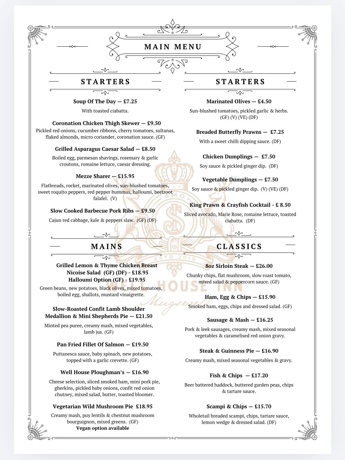 Elegant black-and-white menu featuring starters, mains, and classics with detailed descriptions and prices.