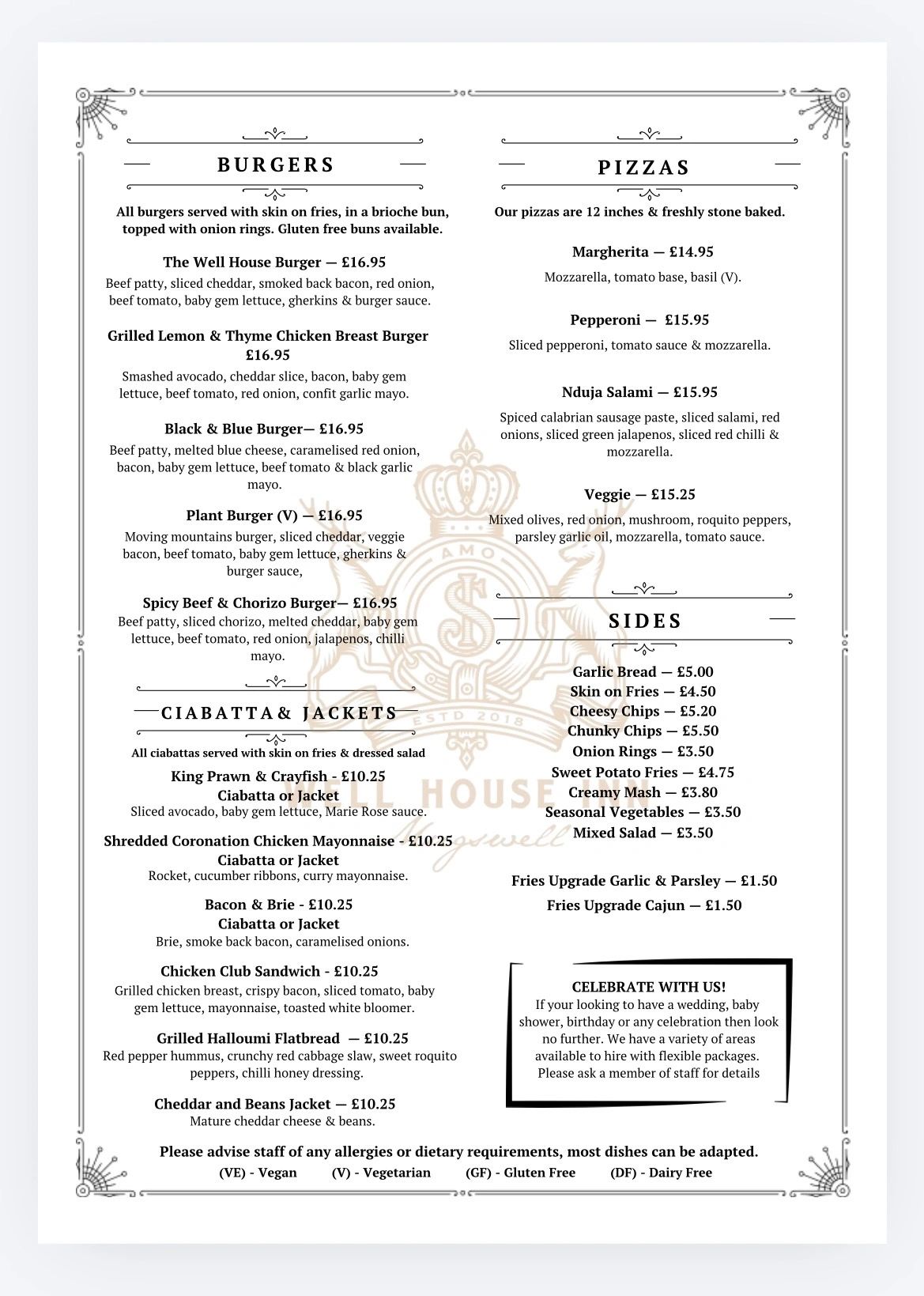 Menu featuring burgers, pizzas, ciabattas, jackets, and sides with prices and dietary info.