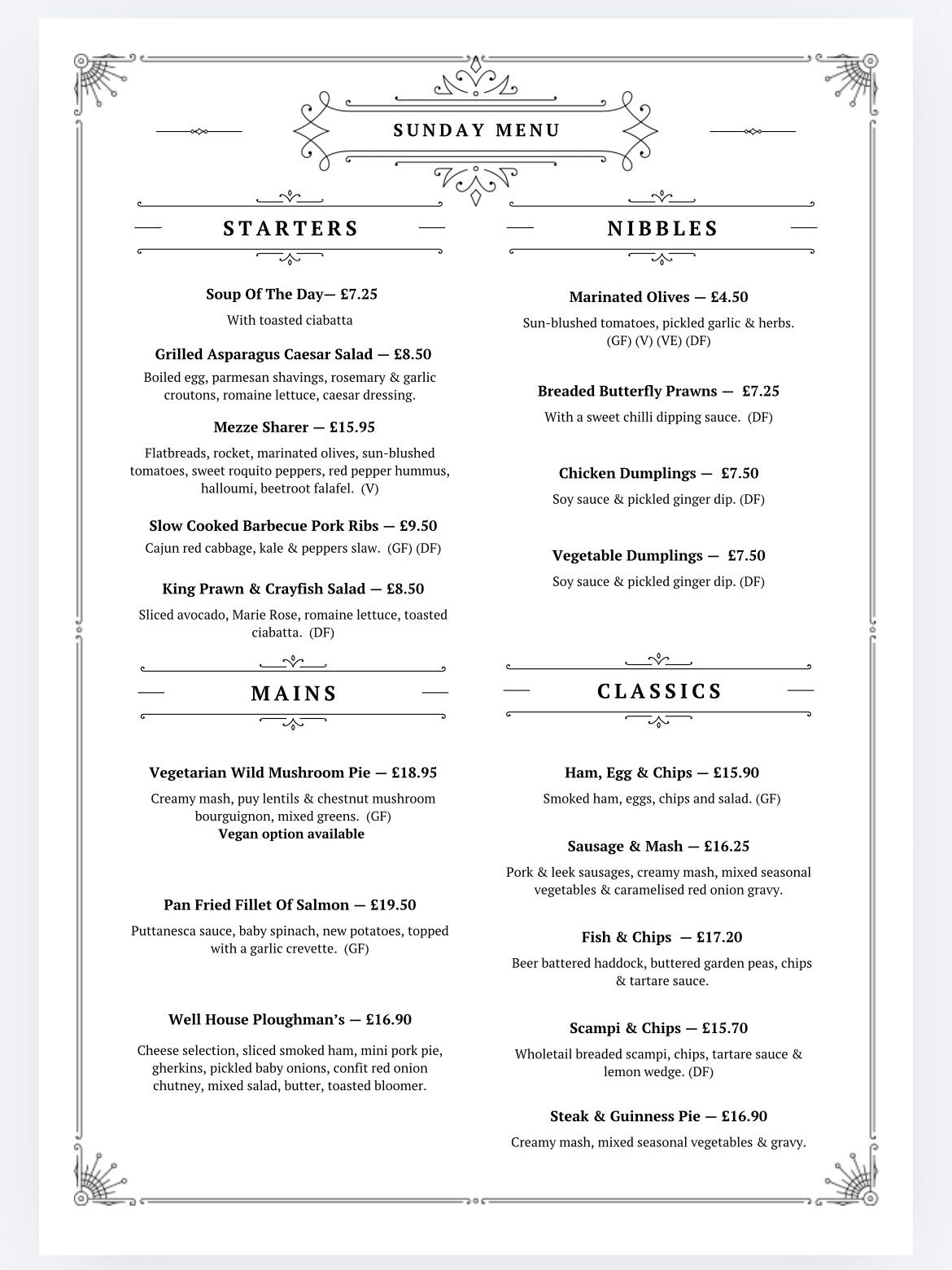 Elegant Sunday menu featuring starters, nibbles, mains, and classic dishes with detailed descriptions and prices.