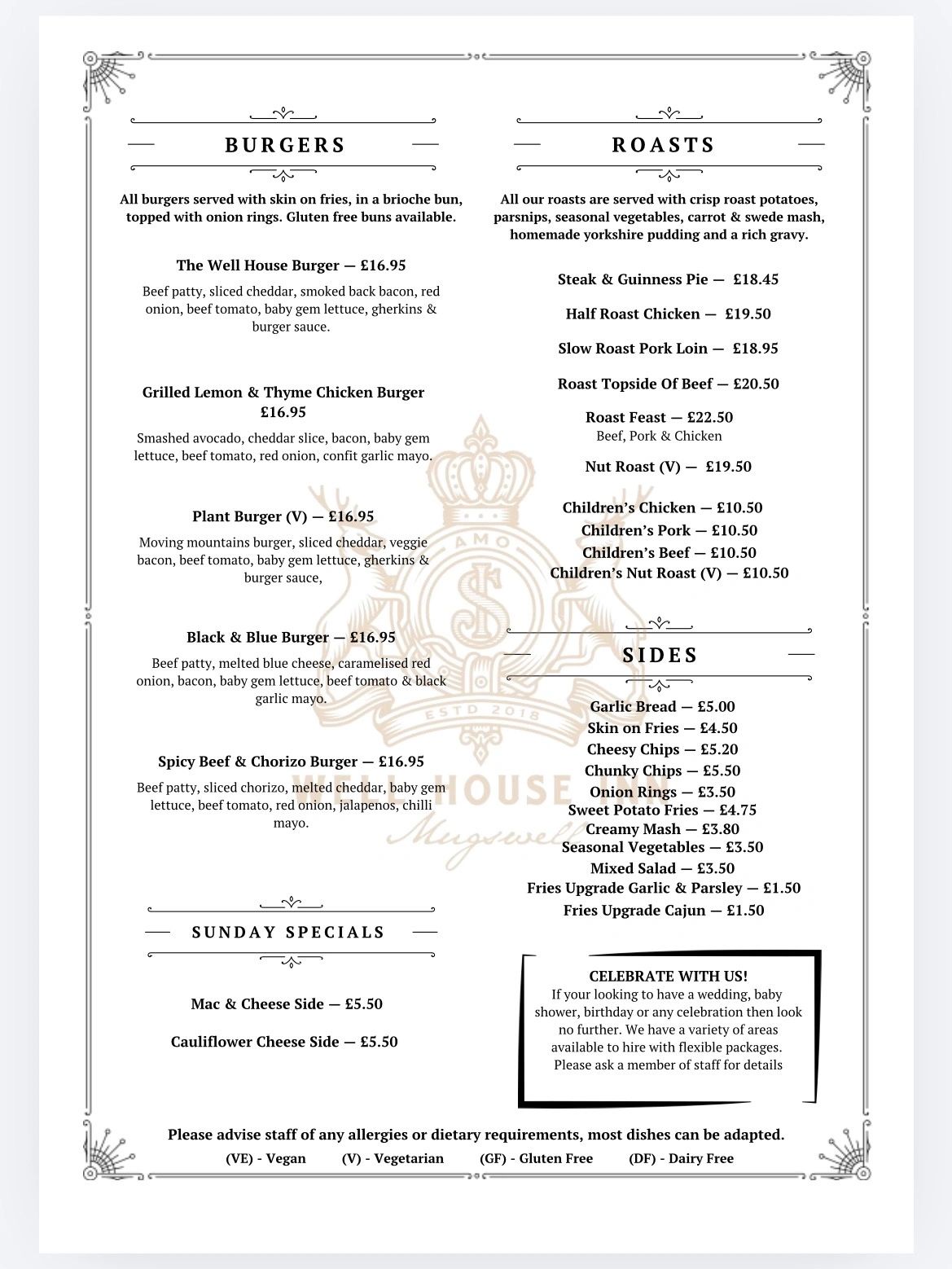 A detailed menu featuring burgers, roasts, sides, and Sunday specials with allergy info.