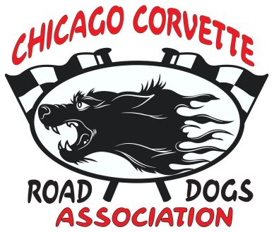 Chicago Corvette Road Dogs Association logo with a fierce dog and checkered flags.