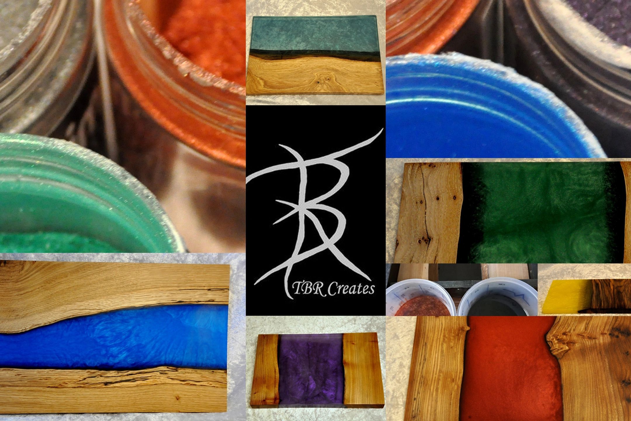 Image is a collage of handmade products with the company logo of TBR Creates in the middle.