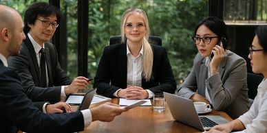 Business meeting with diverse professionals in a modern office setting.