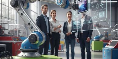 Engineers interacting with a robotic arm and futuristic holographic display in a modern factory.