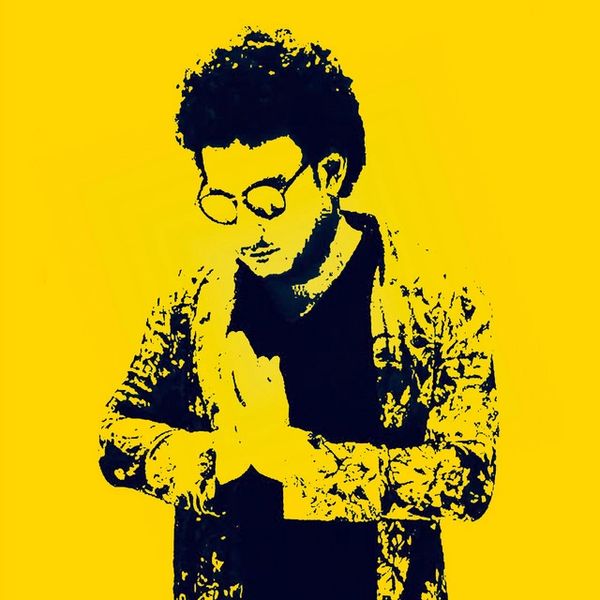 Stylized portrait of a man with glasses on yellow background.