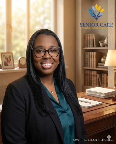 Professional woman smiling in a cozy office with Senior Care Concierge branding.