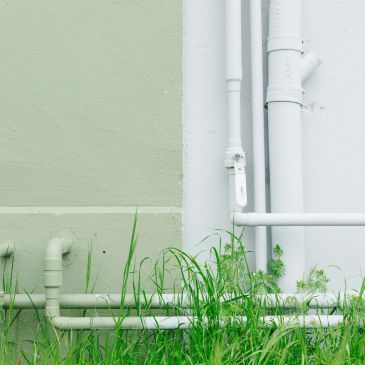 White pipes against a green and white wall with grass.