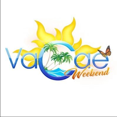 Vacation Weekend logo with tropical theme and butterfly.