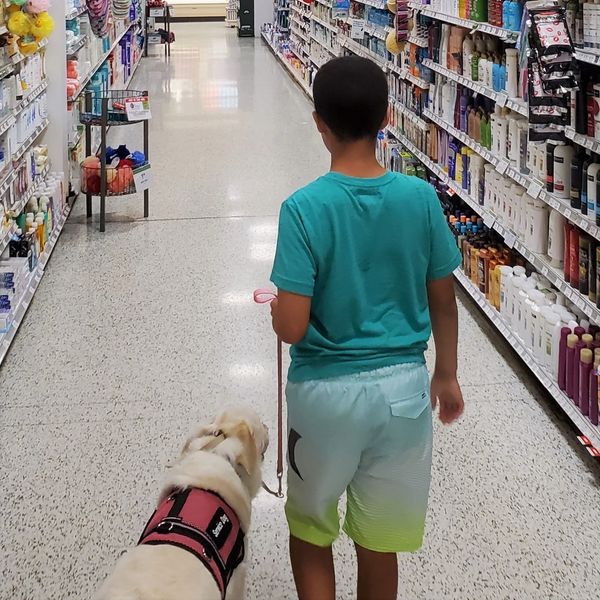 Boy walking a dog in a store aisle.