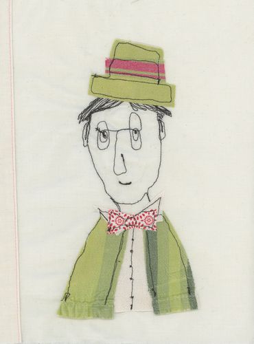 textile art of man in a suit wearing a hat 