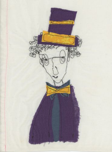 textile art of man in a suit wearing a hat and bowtie
