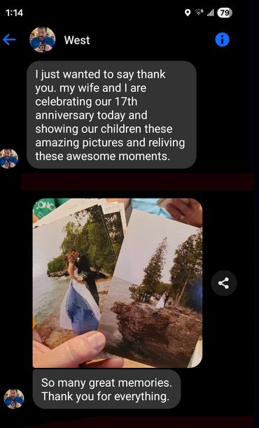 A heartfelt message celebrating a 17th anniversary with wedding photos.