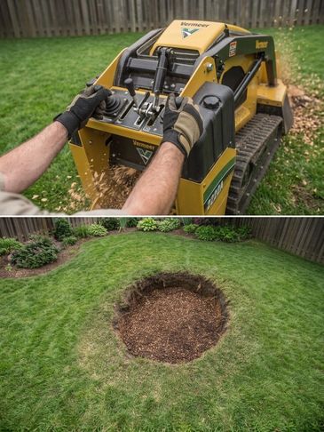 Using a stump grinder to remove a tree stump in a backyard.