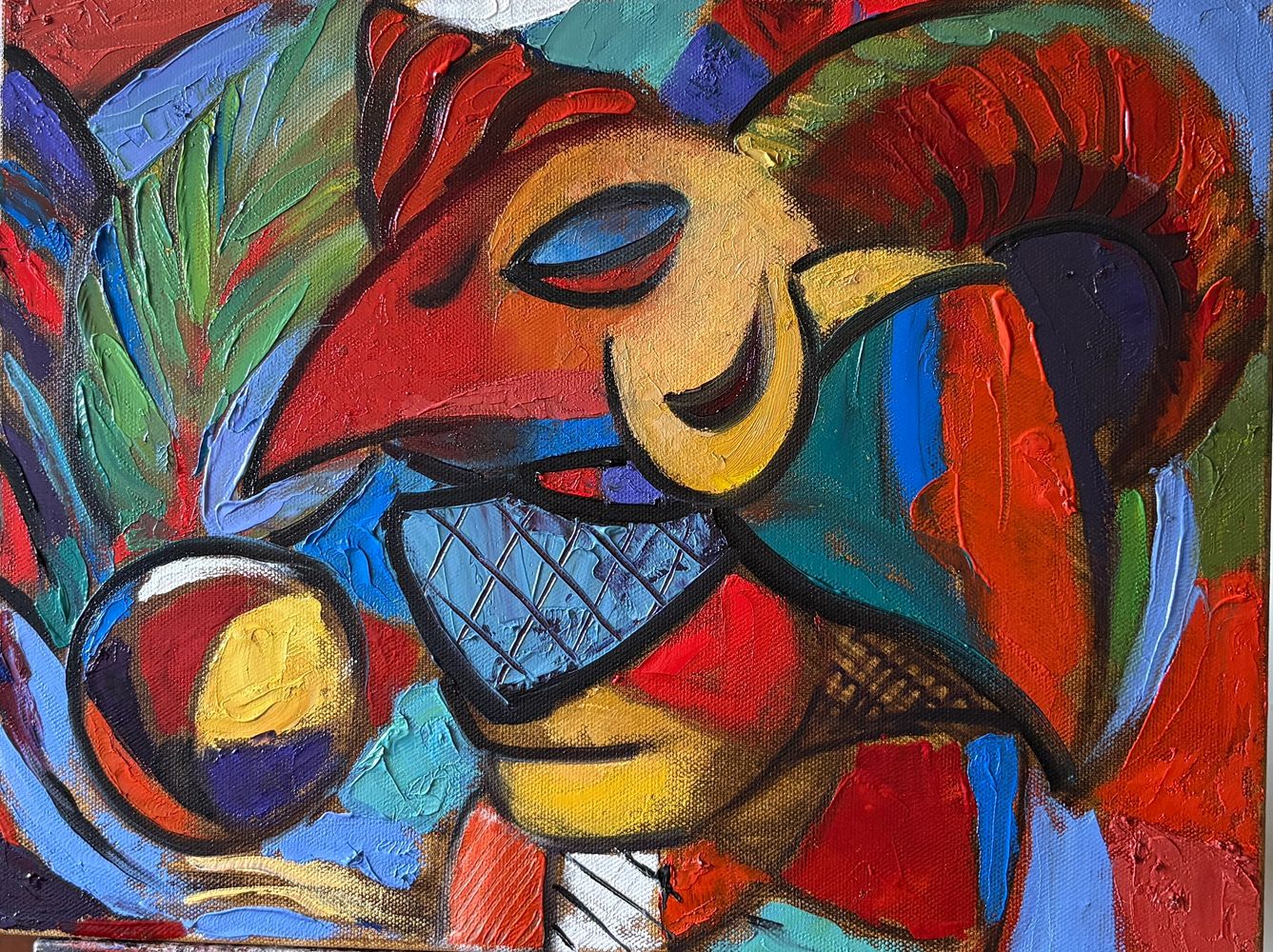 "The Player of Pok-ta-Pok" is a visual ritual, suspended between game and sacrifice, myth and flesh.

The title refers to the ancient Mesoamerican ballgame, where each strike of the ball symbolized a cosmic clash between light and shadow, life and death.

The composition blends an expressive line, mask-like figure, and symbolic forms framed by vivid contrasts. Thick paint textures, bold contours, and rhythmic color tensions create a sense of inner pressure — like an echoing strike that never fades: pok-ta-pok.